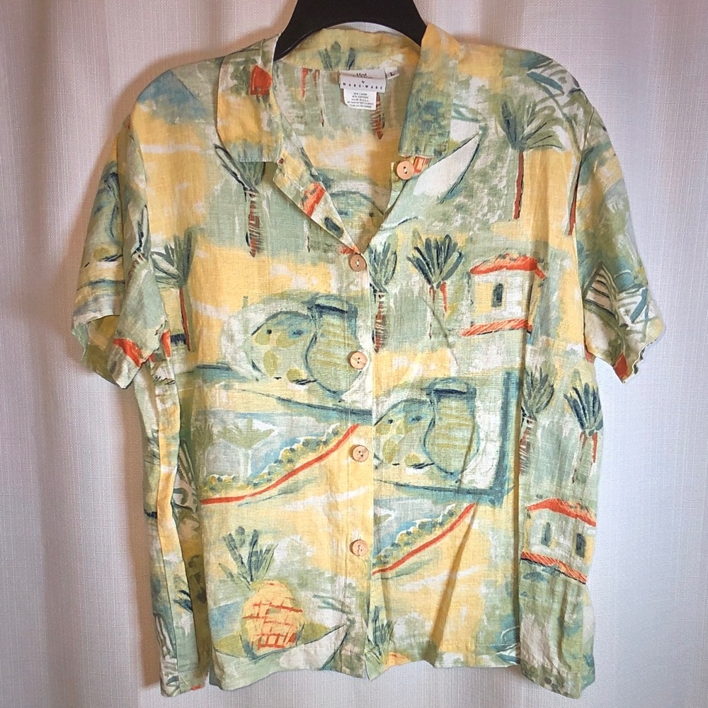 Hot Cotton Yellow Tropical Print Short Sleeve Button-Up